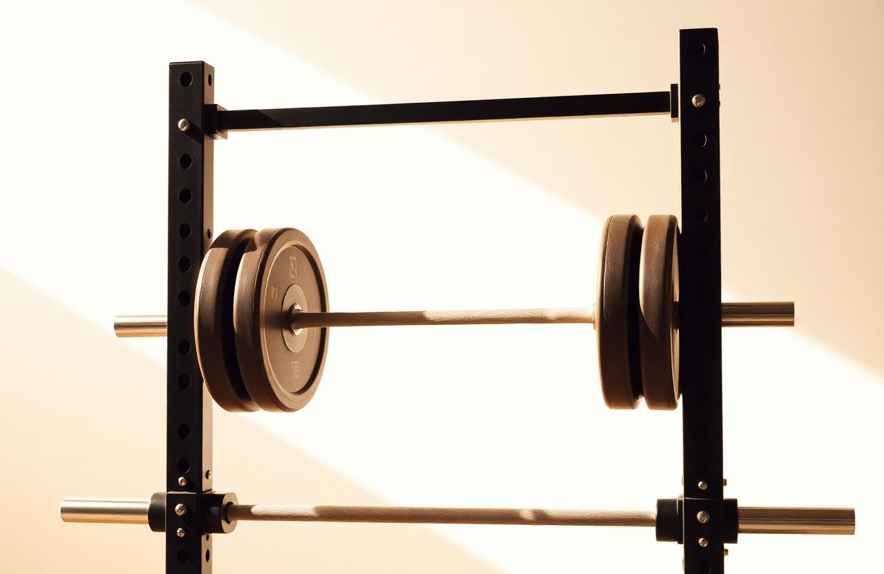 Loaded barbell resting on a rack in a sunlit studio