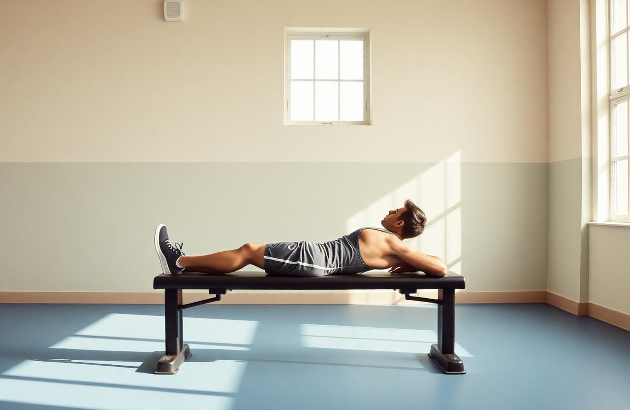 Athlete resting on a bench in a bright, quiet gym