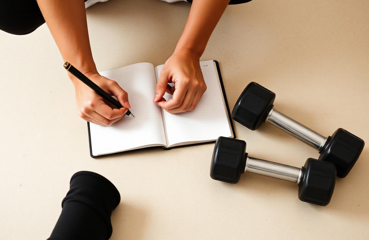 Hands writing in a training notebook beside a pair of dumbbells