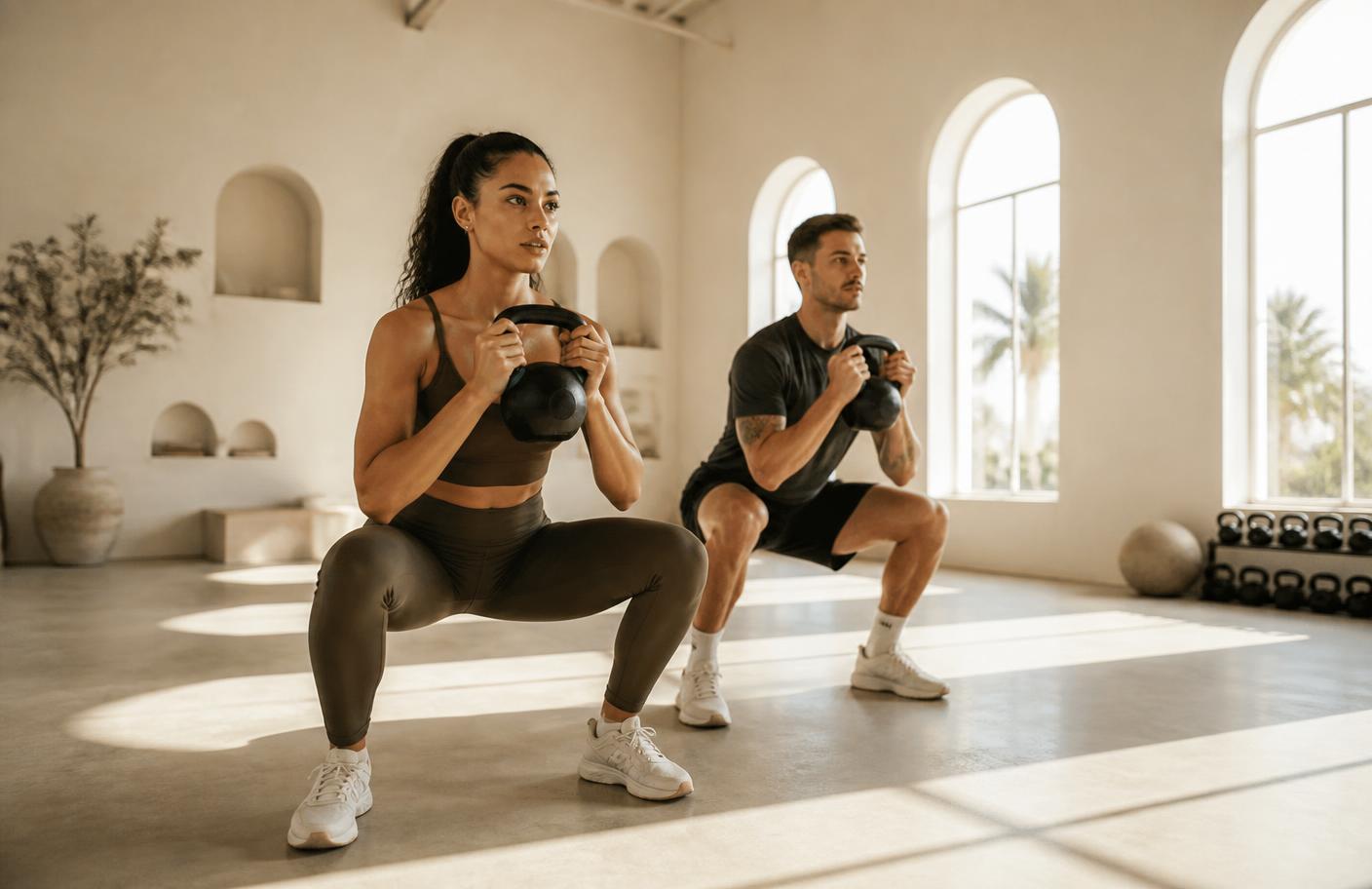 Two people training with kettlebells in a bright studio